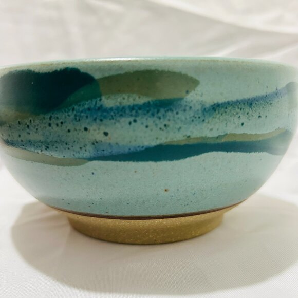 Signed Art Pottery soup mug bowl Teal Blue green glaze Thumb Rest - Picture 14 of 15